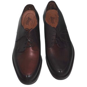 May include: A pair of two-tone leather dress shoes. The shoes are dark brown and burgundy with a lace-up design. The brand name "Bass" is visible on the insole. The shoes are new and unworn.