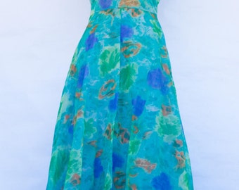 Vintage Handmade Floral Print Sleeveless Maxi Dress with Front Slit/Swim Suit Cover. Size S.