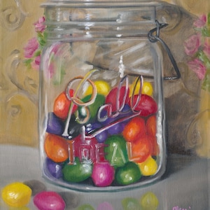 Jar of jellybeans, candy art, kitchen art, mason jar art, canning jar art, oil painting, original oil painting