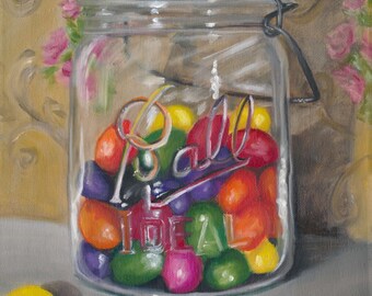 Jelly Beans Jar Oil Painting, Kitchen Candy Art, 11x14"