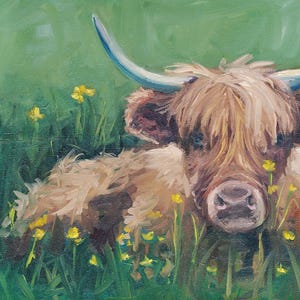 Chilling, cow painting, highland cow art, country landscape