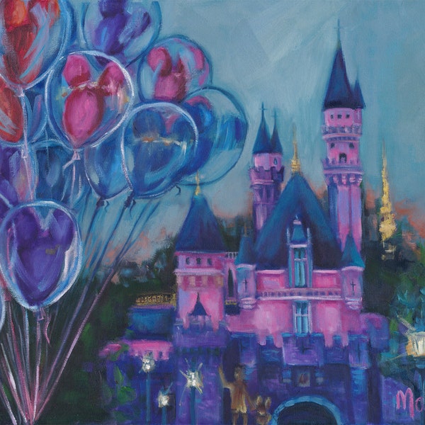 Al anochecer en el reino, pintura al óleo, pintura del castillo de belleza durmiente, decoración del hogar de Disney, pintura de paisaje de Disney, arte de los fans de Disney