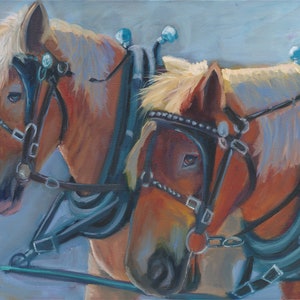 working team, horse painting, horse lover gift, draft horse art, farmhouse decor, country art, country painting, animal art