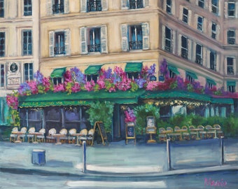 Paris Floral Cafe Oil Painting, Cityscape Canvas Art, 28x22,