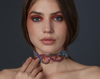 Embroidered choker necklace, sequins, embroidery, choker, handmade necklace, statement necklace, fashion jewelry, fashion necklace, orange