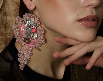 Pink statement lace earrings with crystals and flowers, oversized earrings, bold earrings, statement jewelry, fashion earrings, floral,bling