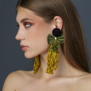 Baroque style clip-on earrings, velvet earrings, embroidered earrings, unique earrings, statement earrings, fashion earrings, mustard yellow image 1