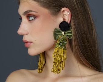 Baroque style clip-on earrings, velvet earrings, embroidered earrings, unique earrings, statement earrings, fashion earrings, mustard yellow