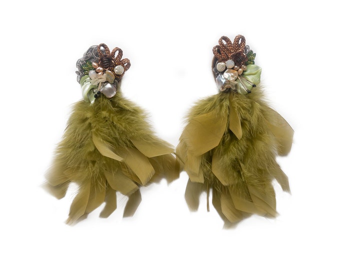 Featured listing image: Lime Green feather earrings with corals and pearls