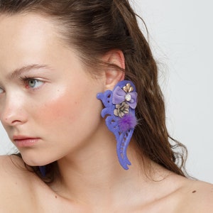 Statement lavender clip-on earrings, oversized earrings, fashion earrings, fashion jewelry, purple earrings, fur,flower earrings,unique,bold image 2