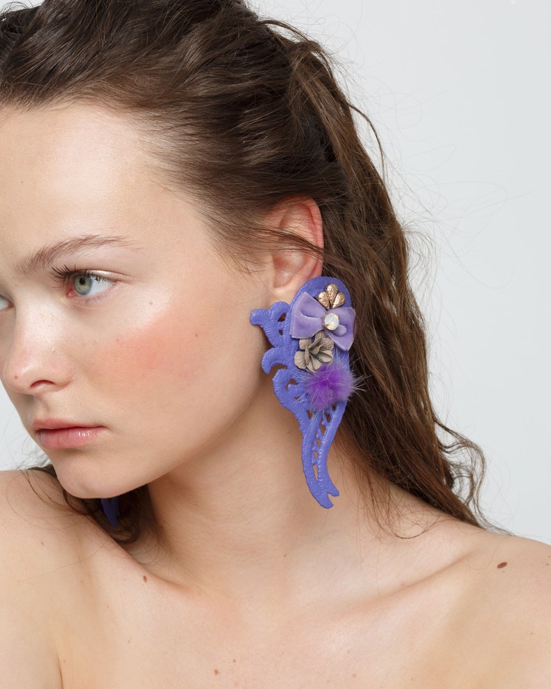 Statement lavender clip-on earrings, oversized earrings, fashion earrings, fashion jewelry, purple earrings, fur,flower earrings,unique,bold image 2