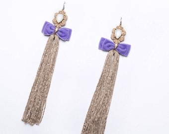 Long tassel velvet earrings with crystal, statement earrings, romantic earrings, fashion earrings, velevt earrings,crystal earrings, bold