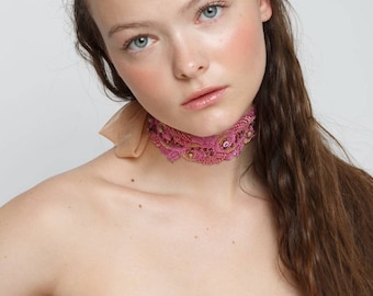 Pink embroidered choker necklace with crystal embellishments