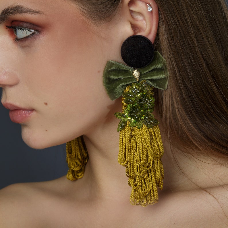 Baroque style clip-on earrings, velvet earrings, embroidered earrings, unique earrings, statement earrings, fashion earrings, mustard yellow image 2