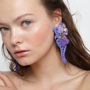 Statement lavender clip-on earrings, oversized earrings, fashion earrings, fashion jewelry, purple earrings, fur,flower earrings,unique,bold image 3