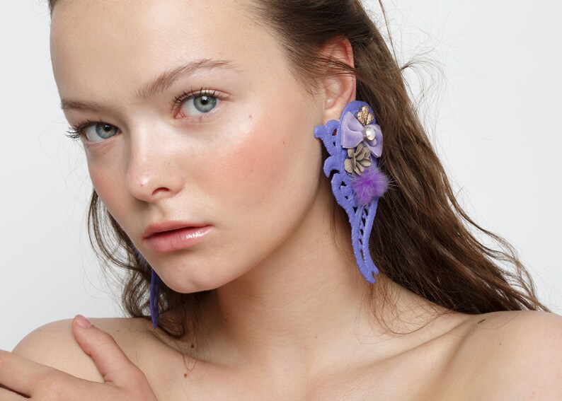 Statement lavender clip-on earrings, oversized earrings, fashion earrings, fashion jewelry, purple earrings, fur,flower earrings,unique,bold image 3
