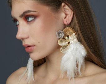 Statement, embroidered white feather earrings, fashion earrings, statement earrings, bold earrings, unique earrings, oversized earrings,