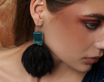 Black fur dangle earrings embelished with emerald green lace and velvet, fashion earrings, statement earrings, unique earrings,fur earrings