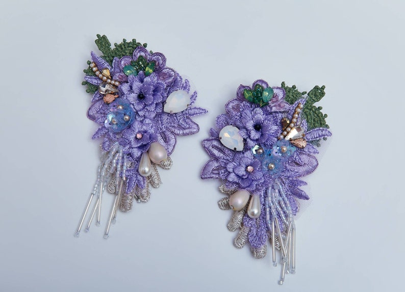 Floral embroidered earrings with crystals and flowers image 3