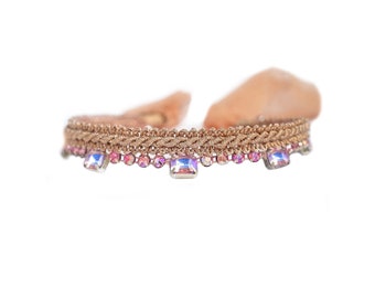 Golden embroidery choker with pink opal crystals