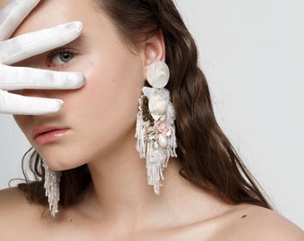 Bridal white embroidered earrings with flowers and crystals