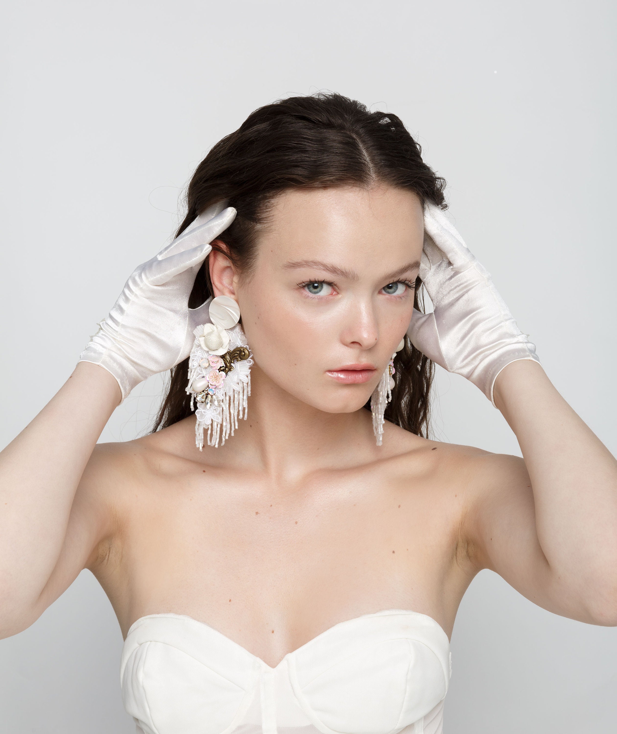 White bridal embroidered earrings