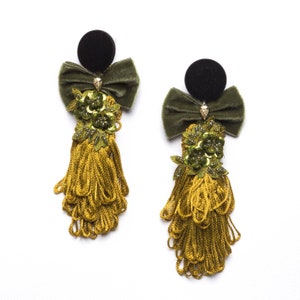 Baroque style clip-on earrings, velvet earrings, embroidered earrings, unique earrings, statement earrings, fashion earrings, mustard yellow image 3