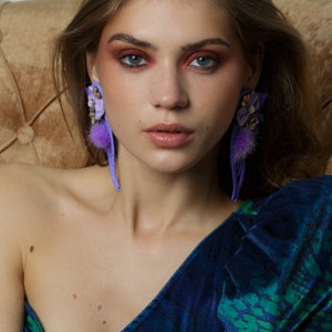 Statement lavender clip-on earrings, oversized earrings, fashion earrings, fashion jewelry, purple earrings, fur,flower earrings,unique,bold image 8