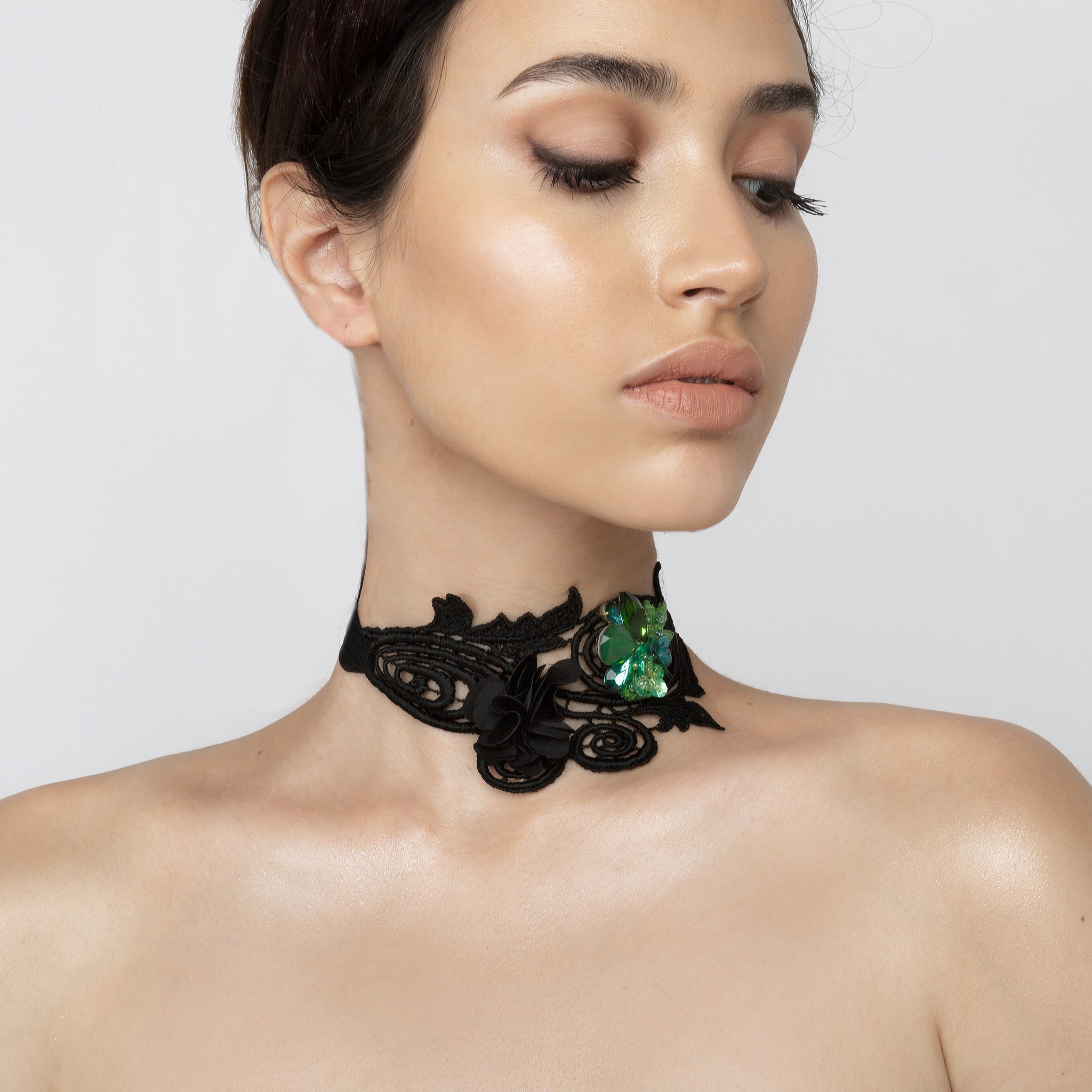 Black Lace Choker Necklace Embellished With Crystals and Etsy