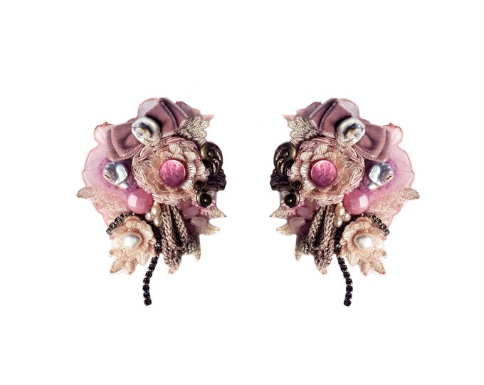 Featured listing image: Powder pink lace earrings embellished with Baroque pearls, mother of pearl, agate stones, velvet bow and trimming.