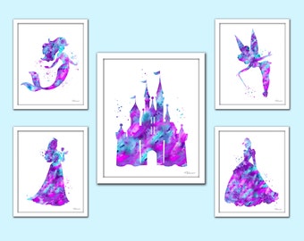 Pink purple aqua princess wall art, Disney princess set, Princess watercolor print, castle,Cinderella silhouette, Little Mermaid, Tinkerbell