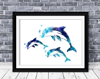 Dolphin print, blue, purple, aqua dolphins, dolphin painting, dolphin art, dolphin watercolor, dolphin silhouette, 3 dolphin illustration