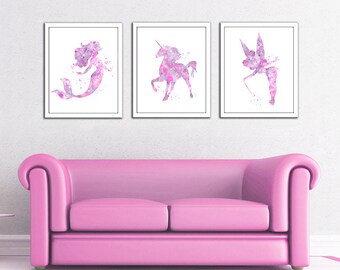 Fairy tale art set, pink unicorn wall art, pink grey unicorn art, fairy art print, mermaid silhouette, fairy tale print, mermaid decor