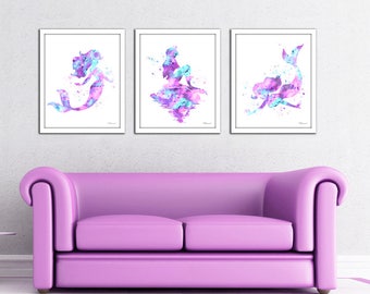 Mermaid print set, light pink aqua Mermaid watercolor print, Disney Ariel print, Disney Little Mermaid, Mermaid art, aqua, pink, purple