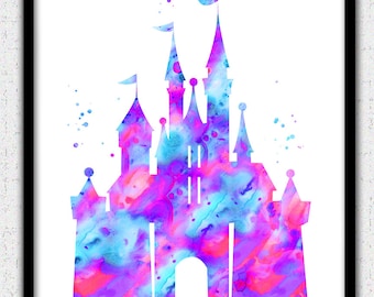 Cinderella castle print, Disney castle, princess castle print, castle watercolor print, pink, purple, aqua, teal, castle, castle silhouette