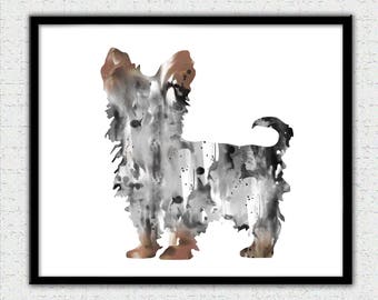 Yorkie art print, silver gray brown Yorkshire Terrier, Yorkie watercolor print, dog painting print, Yorkie silhouette, Yorkie painting print