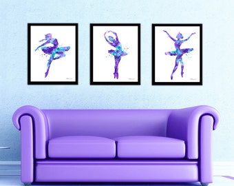 Purple ballerina wall art, purple aqua blue ballerina print set, ballerina silhouette, ballerina watercolor, ballerina gift, ballerina decor