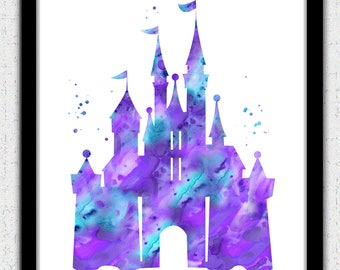 Cinderella castle print, Disney castle, princess castle print, castle watercolor, aqua, purple, lavender, teal, castle, castle silhouette