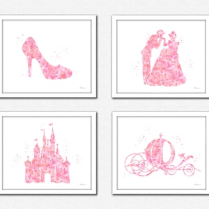 Pink Princess print, Disney princess, coral pink princess set, baby pink Cinderella silhouette, slipper, pumpkin carriage, Prince Charming