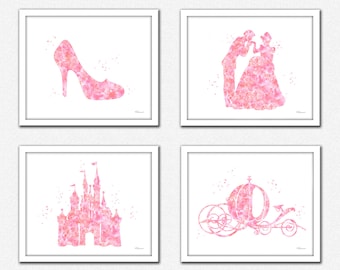 Pink Princess print, Disney princess, coral pink princess set, baby pink Cinderella silhouette, slipper, pumpkin carriage, Prince Charming