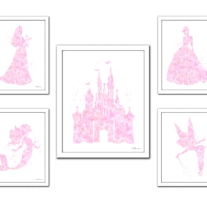 Pink Princess art, Disney princess print, light pink princess set, Princess art, castle, Cinderella silhouette, Little Mermaid, Tinkerbell
