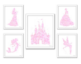 Pink Princess art, Disney princess print, light pink princess set, Princess art, castle, Cinderella silhouette, Little Mermaid, Tinkerbell