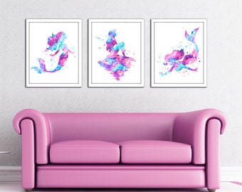 Mermaid print set, coral aqua Mermaid watercolor print, Ariel print, Disney Ariel, Disney Little Mermaid, Mermaid art, aqua, pink, purple