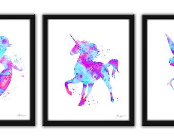 Fairy tale art, Unicorn print, pink purple aqua unicorn art, fairy art print, mermaid silhouette, fairy tale print, mermaid decor, fairy art