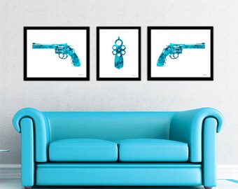 Revolver print set, revolver silhouette art, blue revolver watercolor print, revolver gun art, blue gun print, gun silhouette, western art