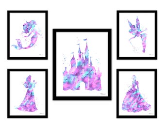 Soft pink purple aqua princess print, Disney princess set, Princess watercolor, castle, Cinderella silhouette, Little Mermaid, Tinkerbell