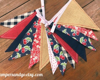 County Fair Party Banner Cherry Fabric Bunting Summer Cherry Flags Pennants Garland Party Decoration Summer Photo Prop Red White & Blue