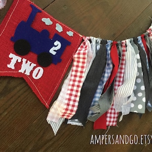 Blue Train Second Birthday Banner Preppy Little Man Party Fabric Bunting, Vintage Train Birthday Party, Cake Smash Photo Prop 2nd Birthday
