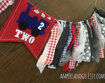 Blue Train 2nd Birthday Banner, Vintage Fabric Bunting