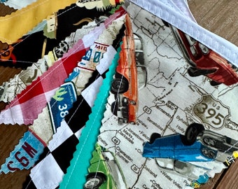 Vintage Car Route 66 Fabric Banner, Checkered Flag Bunting